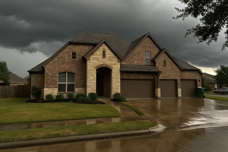 Large brick and stone home under a dark storm sky in an upscale Texas neighborhood